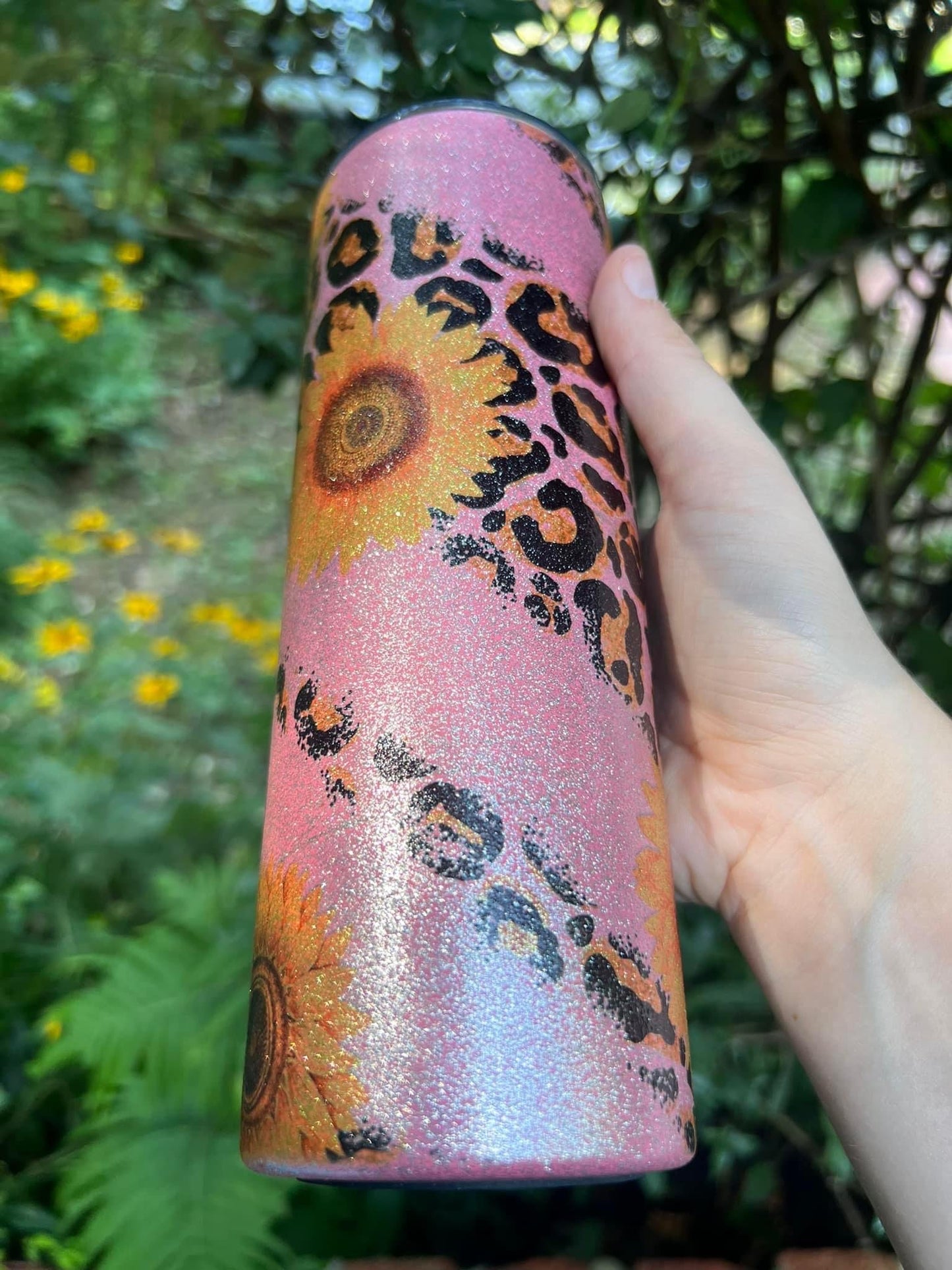 Sunflower/Leopard Print Pink Glitter 20oz Tumbler