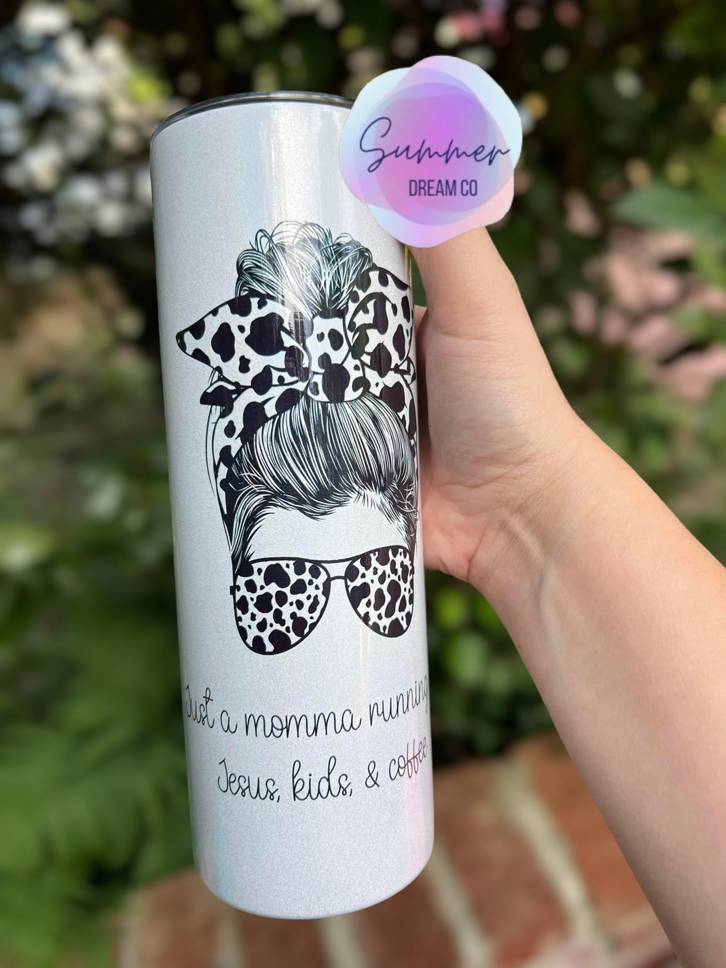 Just A Mama Running On Jesus, Kids, & Coffee White Shimmer Tumbler