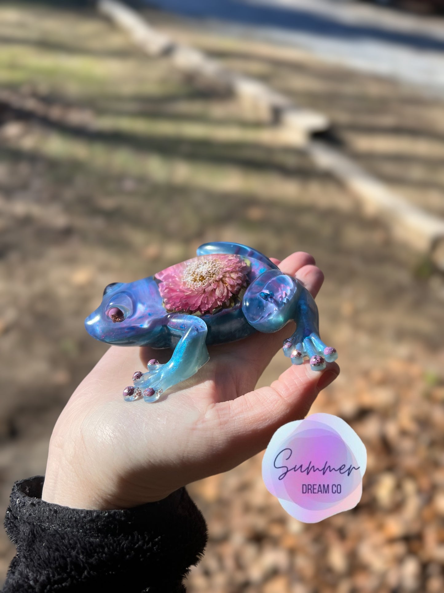 Resin Frog with Real Flower