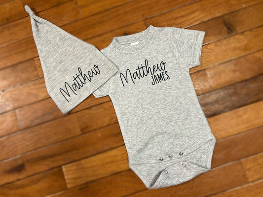 Personalized Onesie and Baby Hat Set
